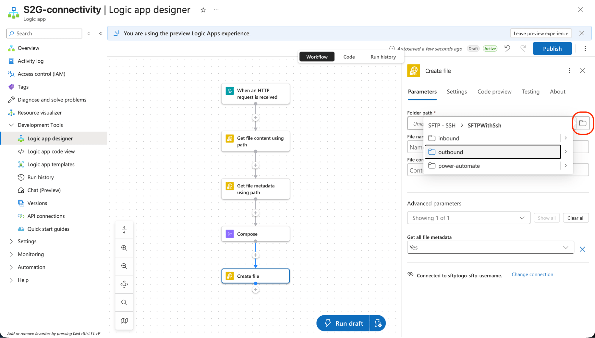 Azure workflow integration with SFTP To Go
