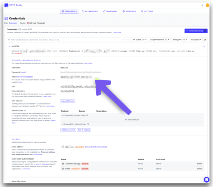 Find your sftp credentials in sftp to go credentials tab