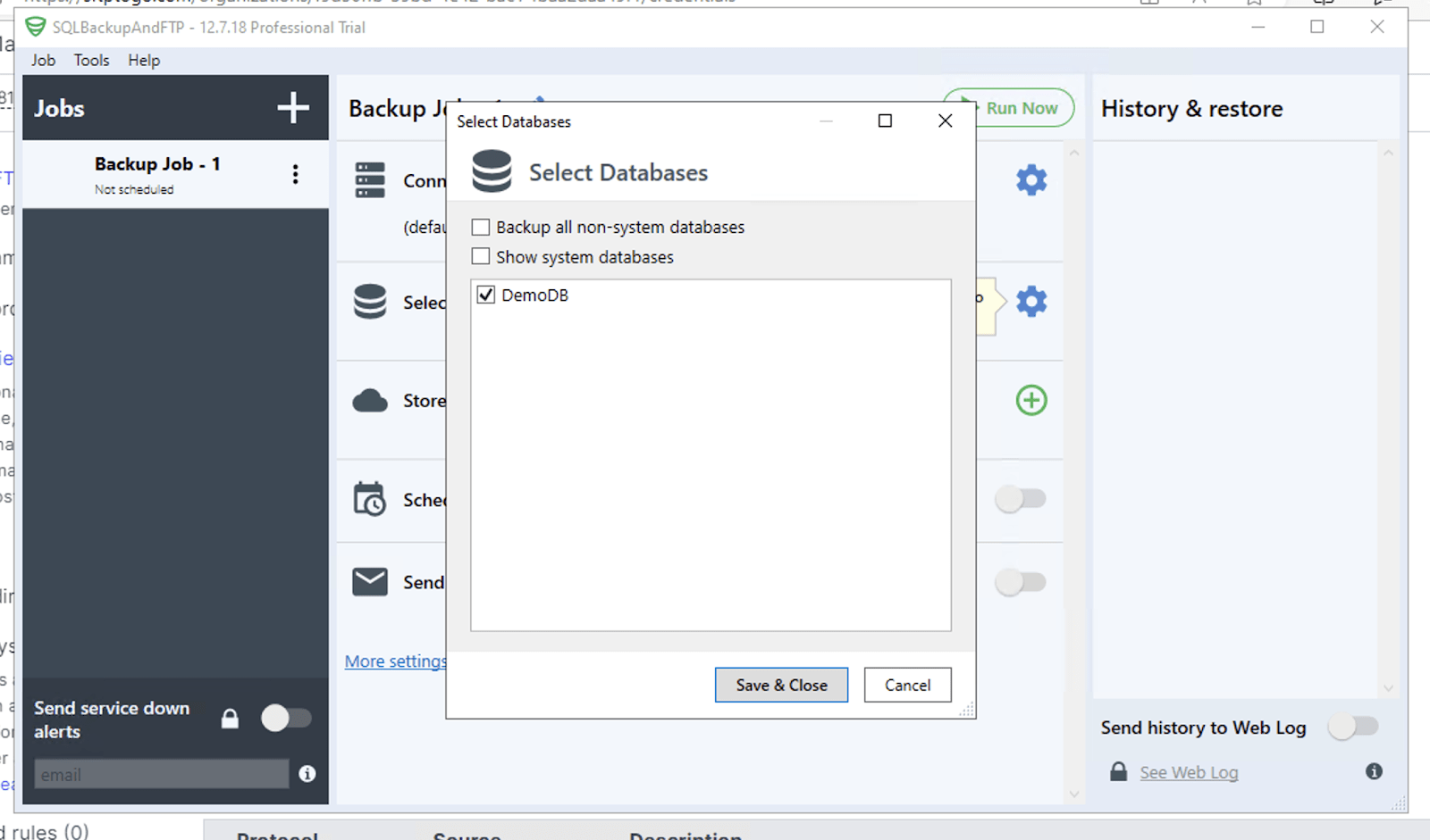 Saving and closing to apply your database selection via the SQLBackupAndFTP Job tab