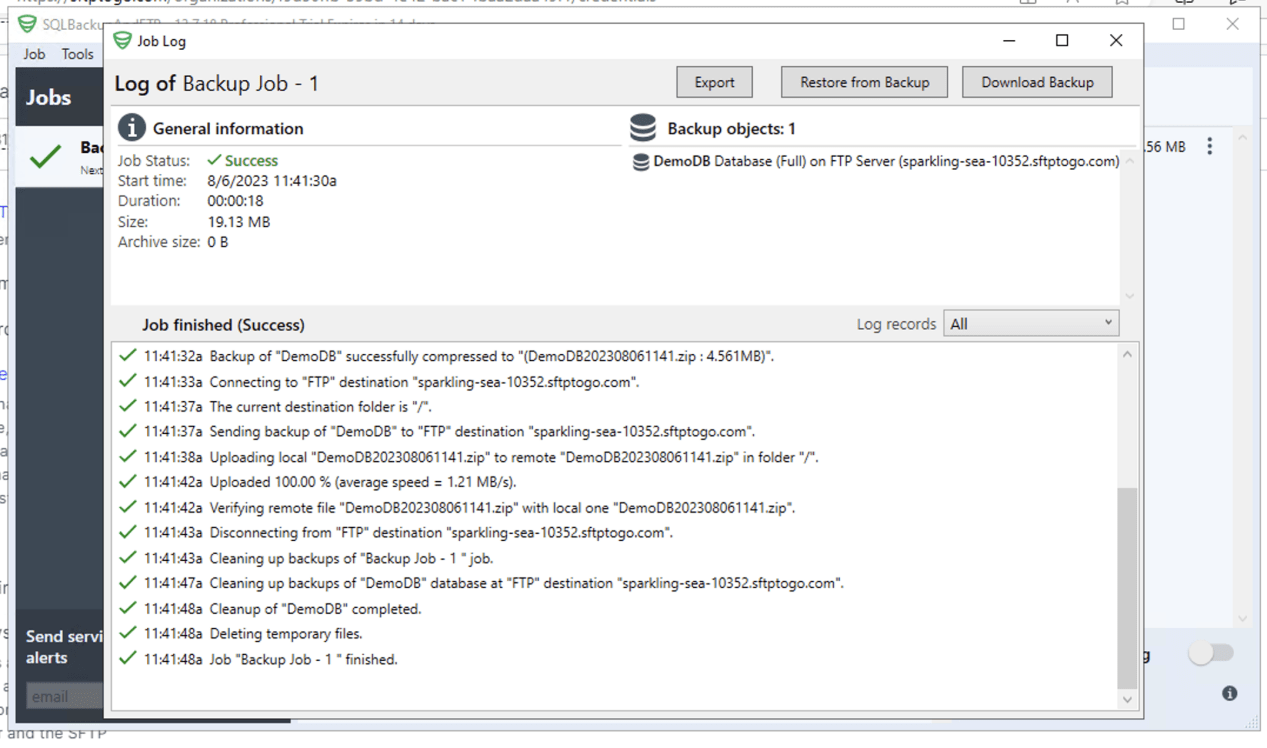 Logs for successful backups indicate success in green via the SQLBackupAndFTP Job tab
