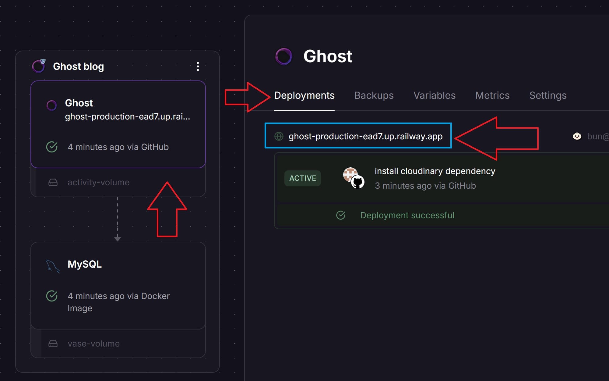How to access your Ghost CMS url from Railway dashboard
