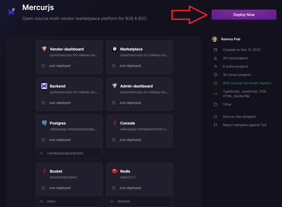 MercurJS service overview on Railway