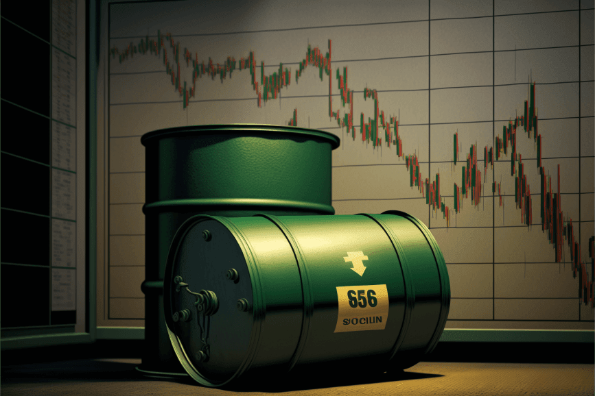 Crude oil barrel trending in front of charts