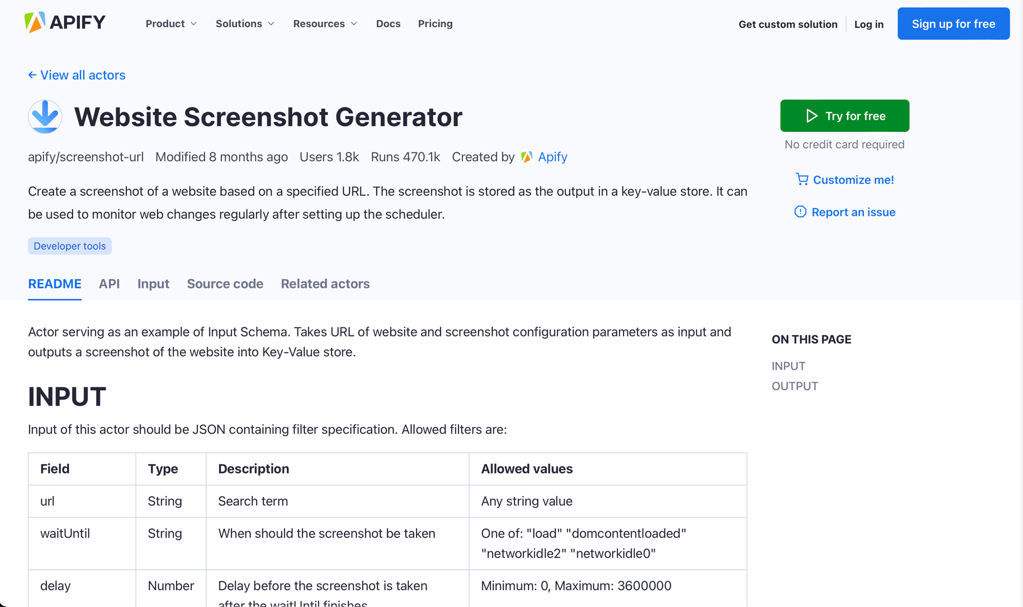 Screenshot of Apify Website Screenshot Generator actor page