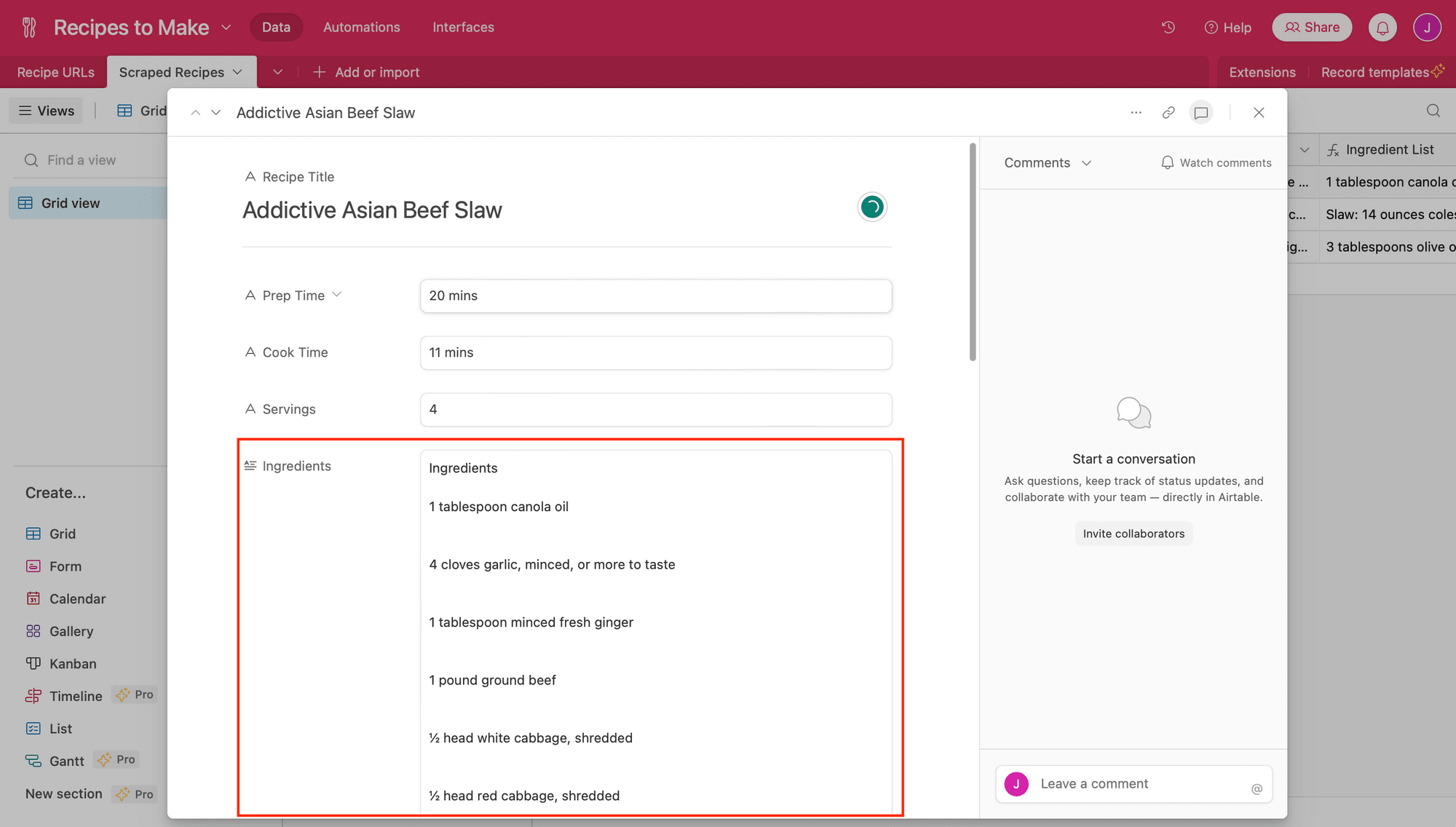 Screenshot of Airtable record with red box around ingredients