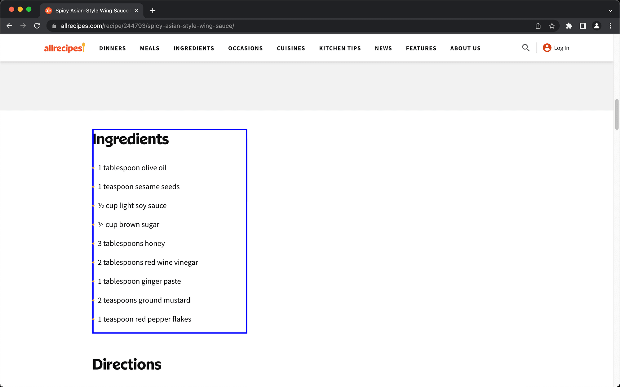 Screenshot of Allrecipes site with blue outline around ingredients container