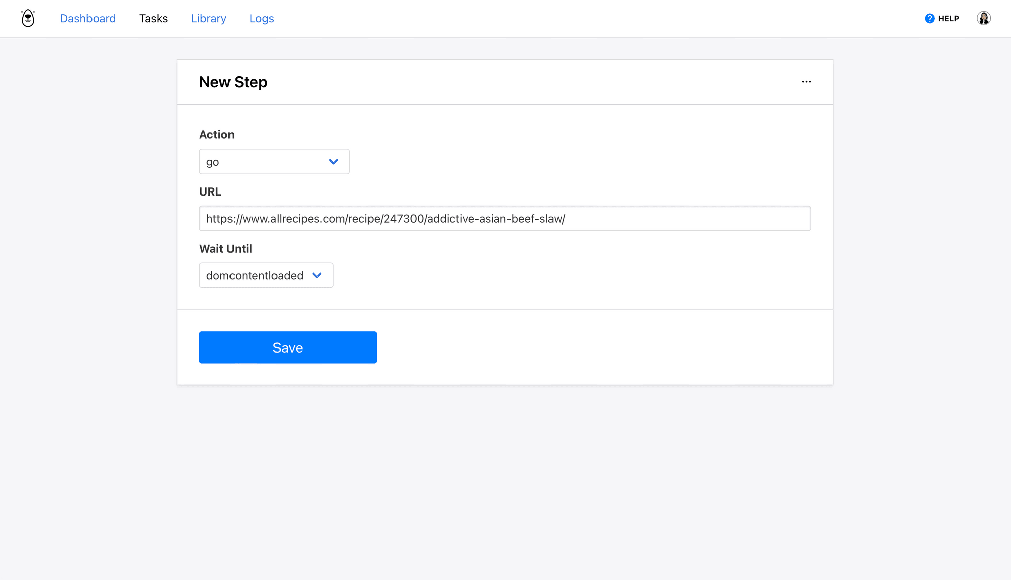 Screenshot of Browserbear go action setup