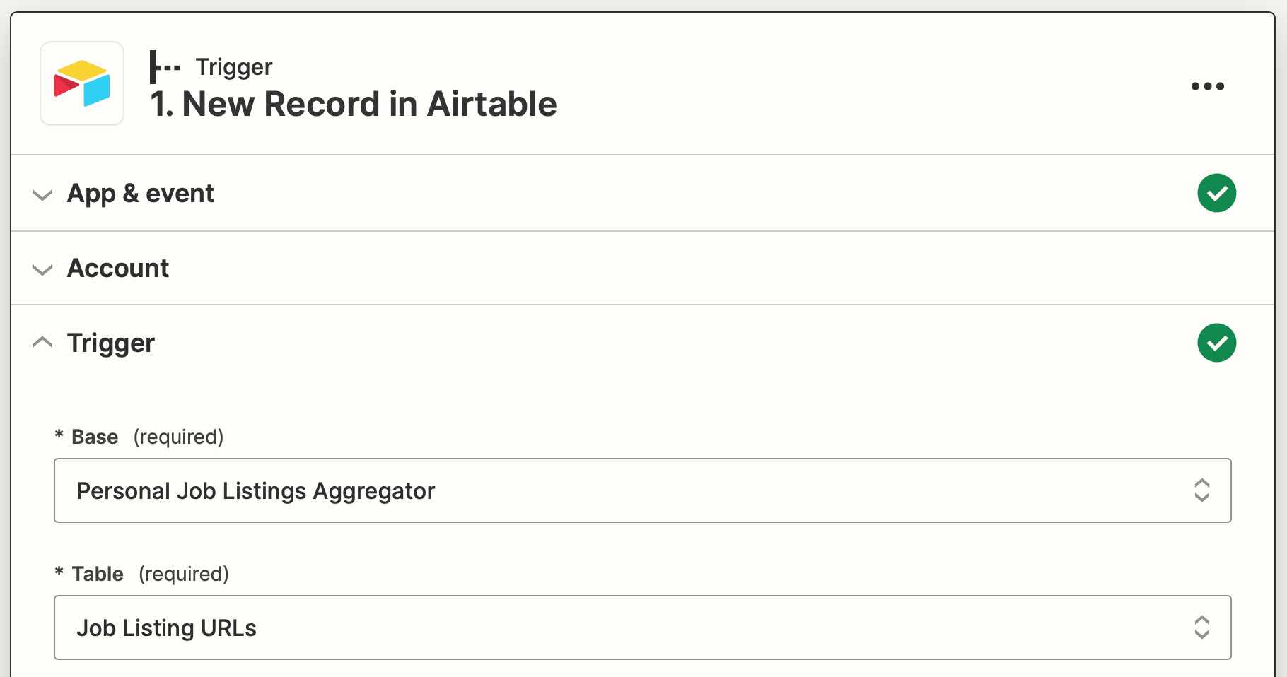 Screenshot of Zapier Airtable new record trigger setup