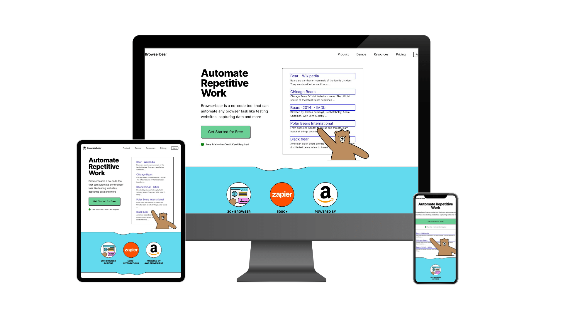 Mockup of Browserbear website on desktop tablet phone formats