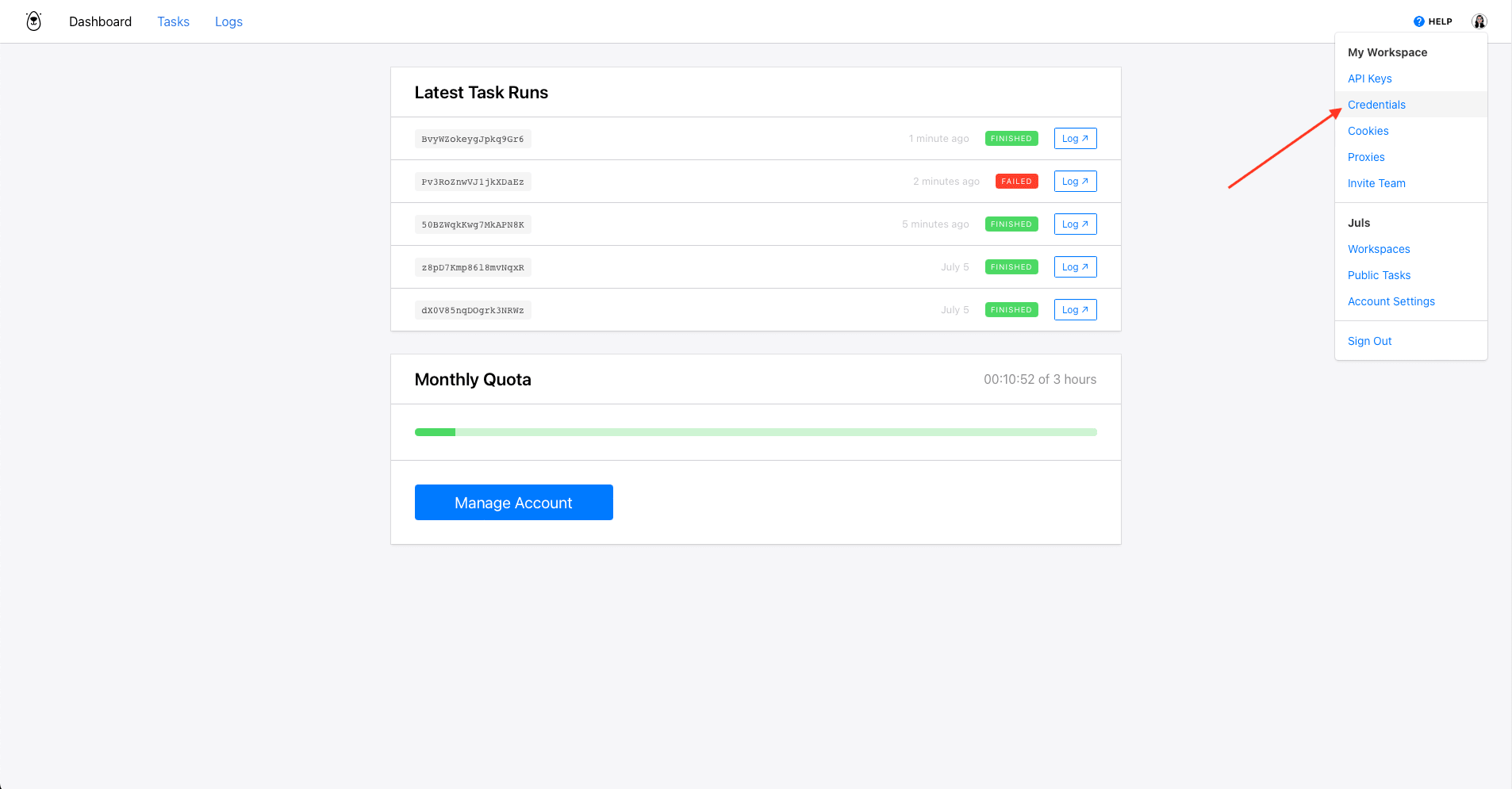 Screenshot of Browserbear dashboard with red arrow pointing to Credentials