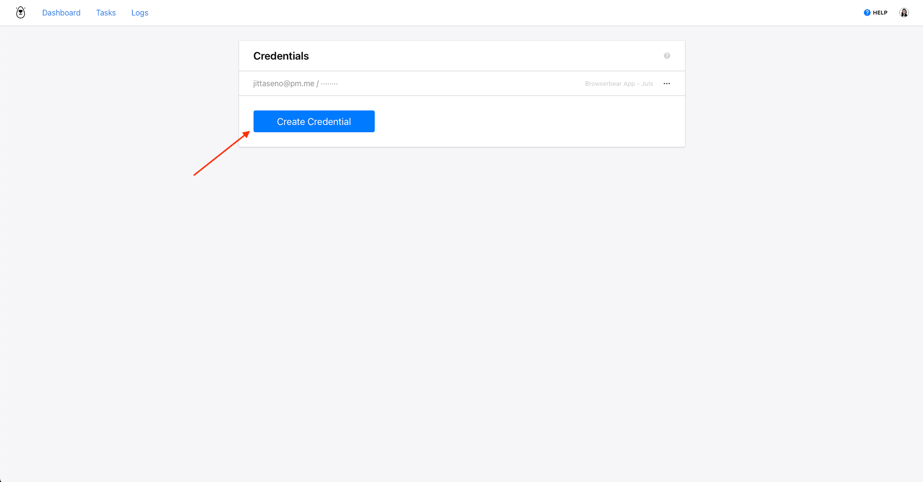 Screenshot of Browserbear app Credentials page with red arrow pointing to Create Credential
