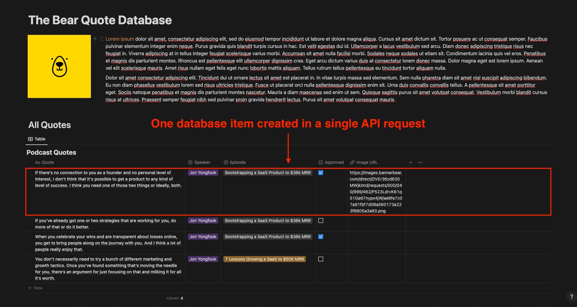 Screenshot of sample Notion page with one database item created in a single API request