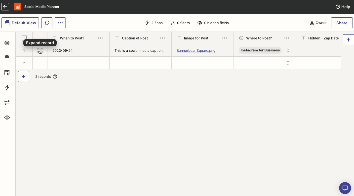 GIF of expanding record in Zapier tables app