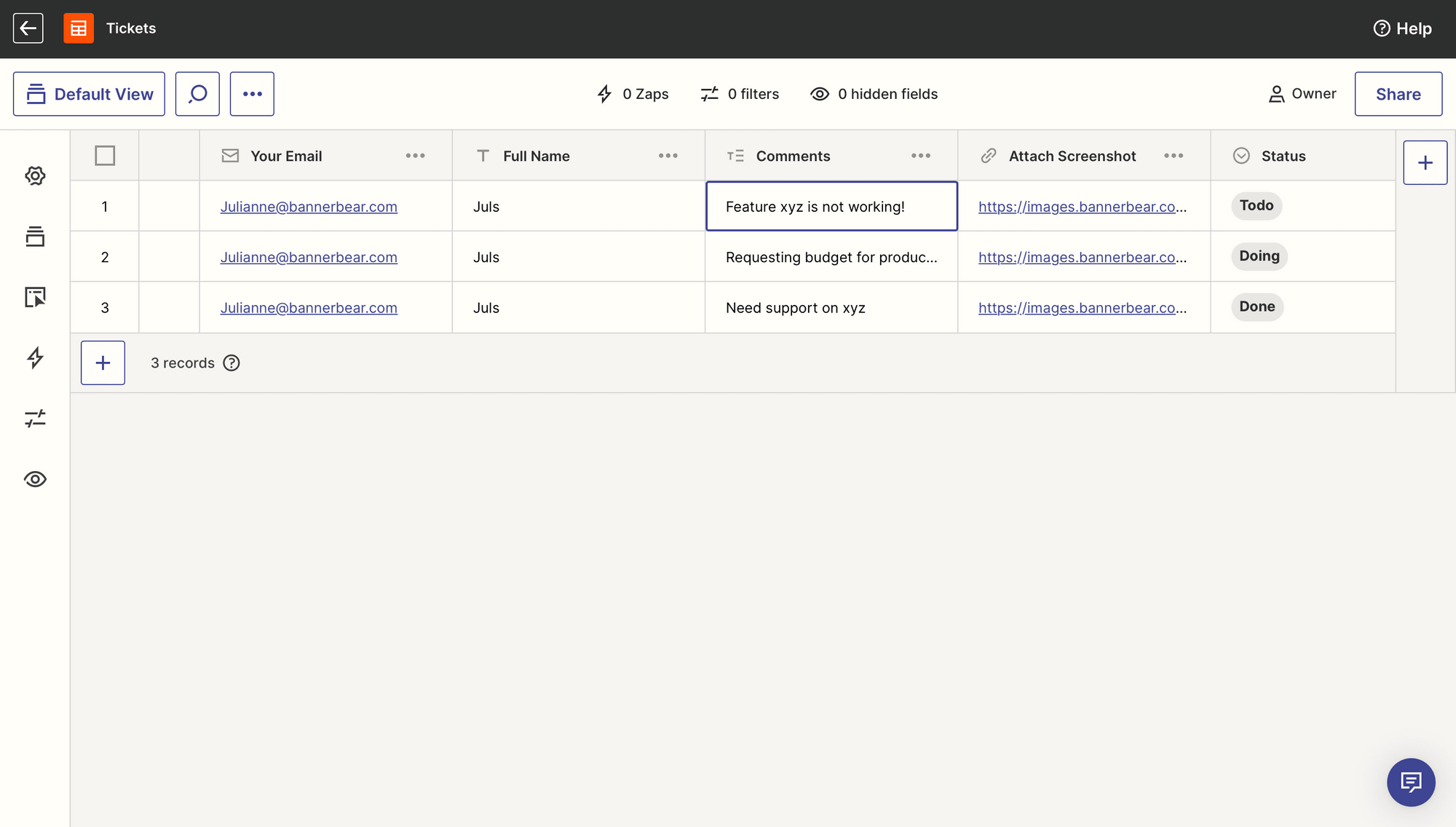 Screenshot of sample support ticket table