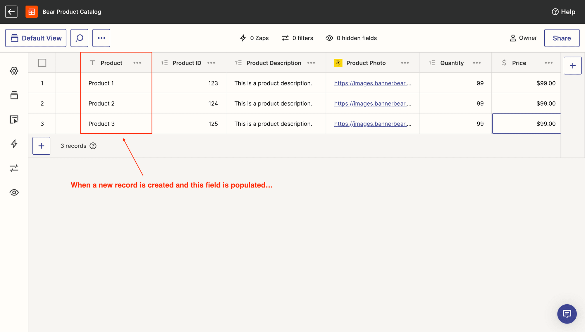 Screenshot of sample product catalog table with red outline around product field