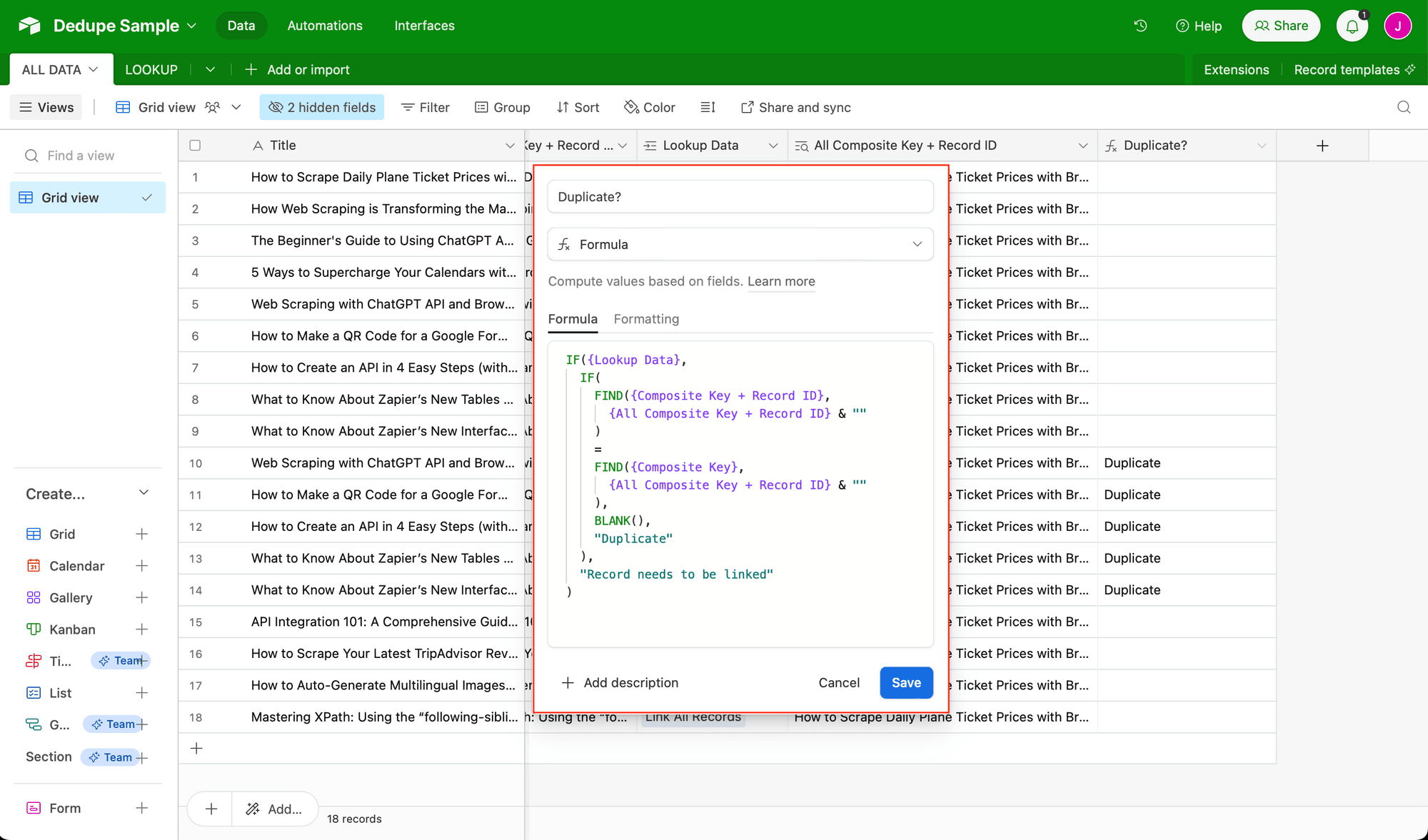 Screenshot of Airtable duplicate? formula field setup