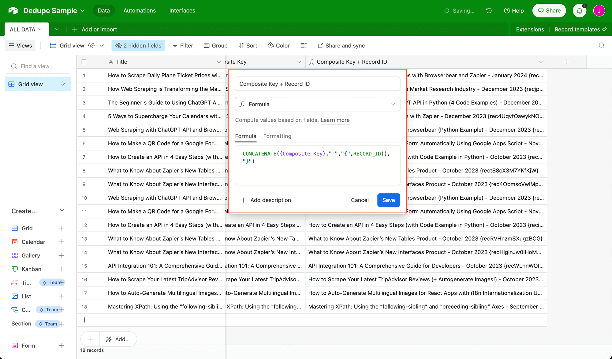 Screenshot of Airtable composite key + record ID setup