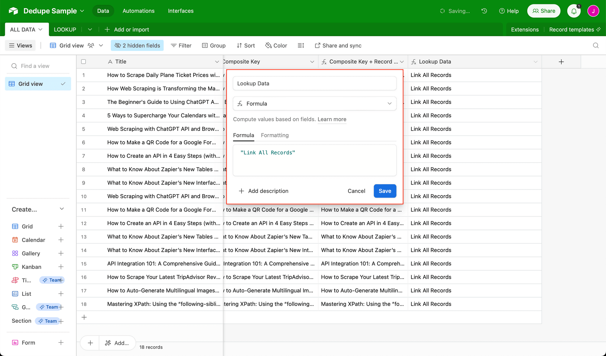 Screenshot of Airtable lookup data setup