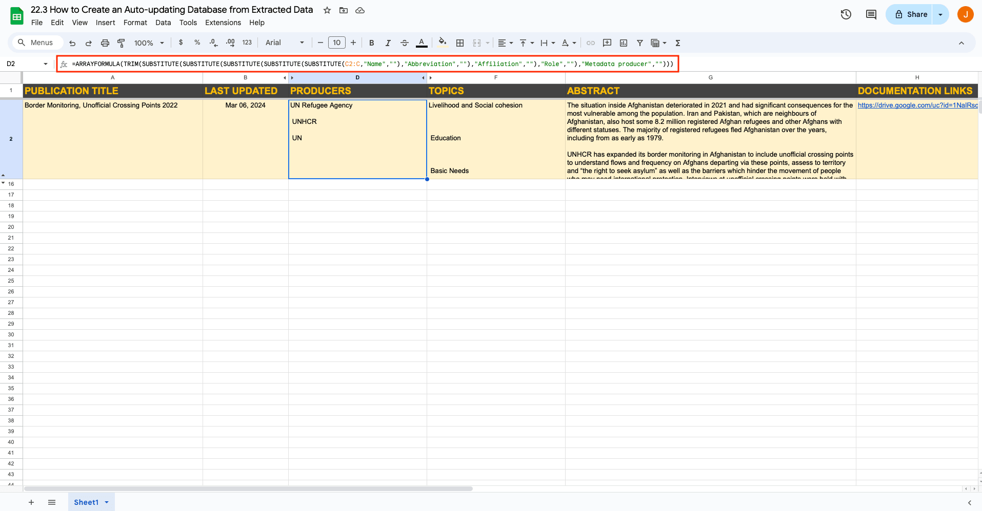 Screenshot of Google Sheets spreadsheet with formula outlined in red