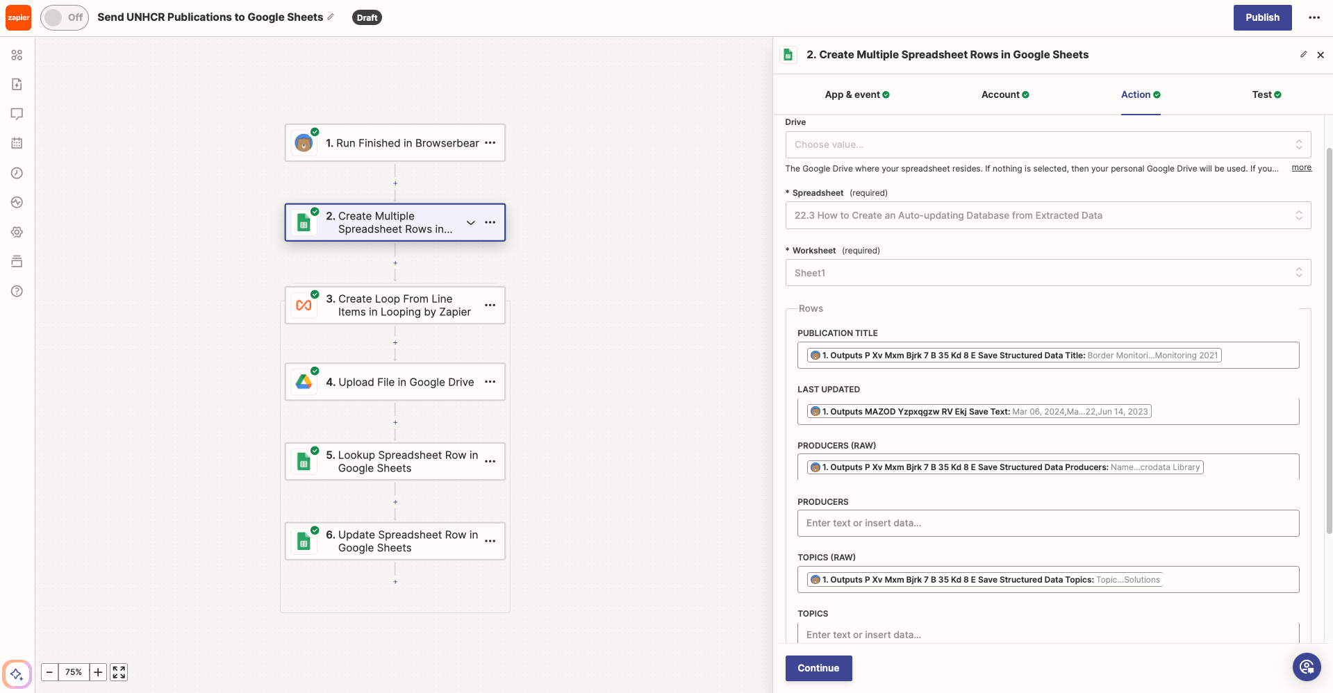 Screenshot of Zapier Google Sheets create multiple spreadsheet rows action