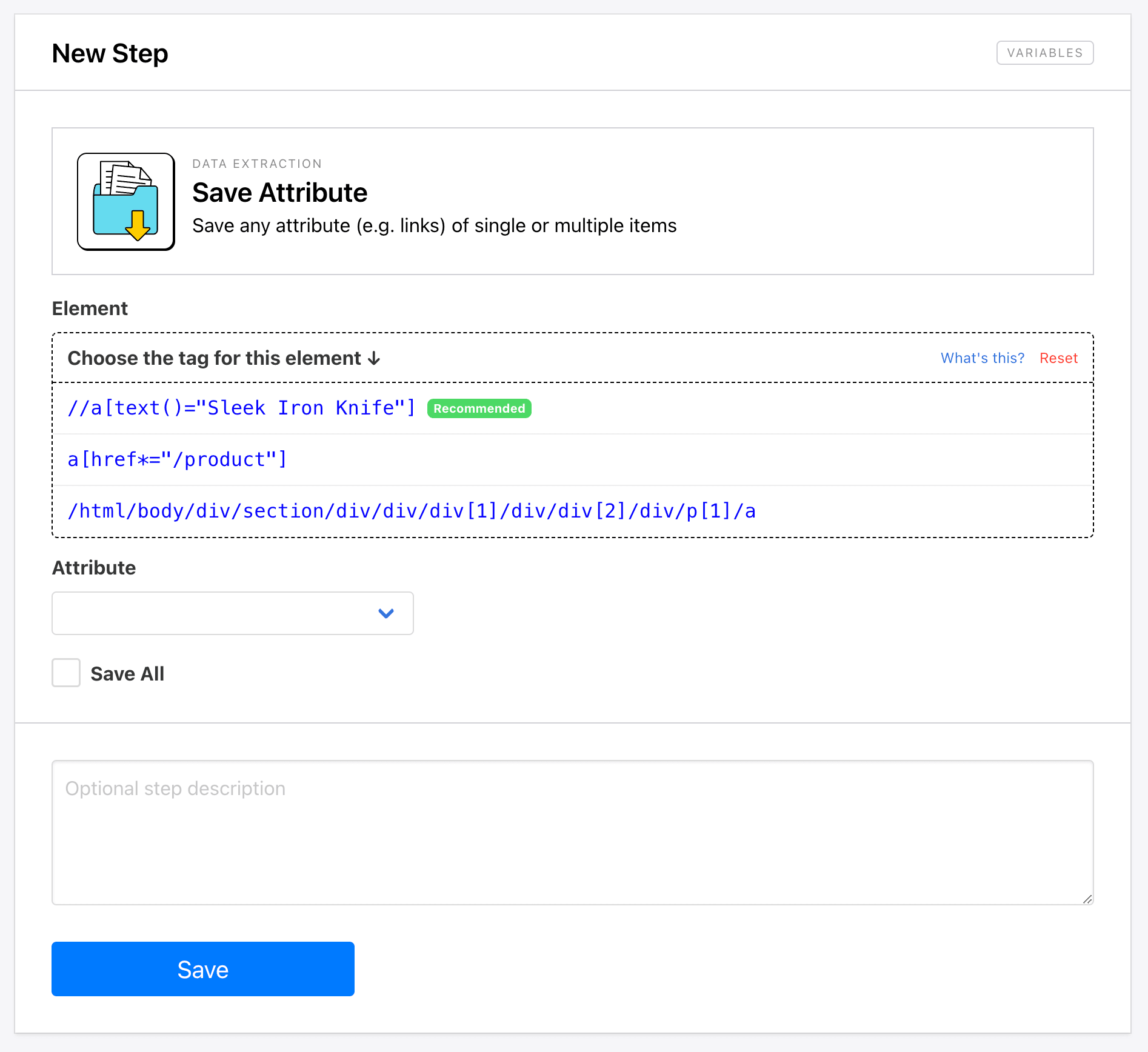 Screenshot of Roborabbit save attribute step element tag selection options