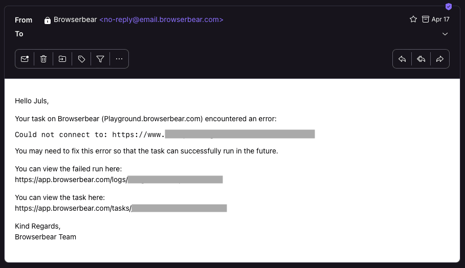 Screenshot of Roborabbit error alert email