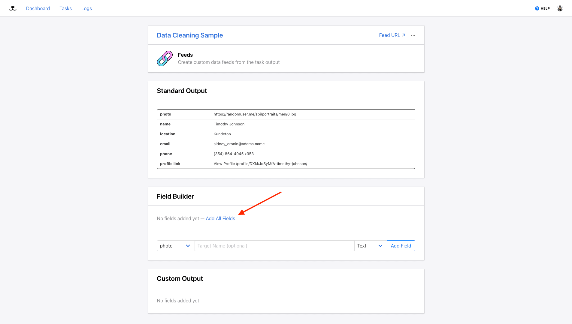 Screenshot of Roborabbit feed setup with red arrow pointing to add all fields