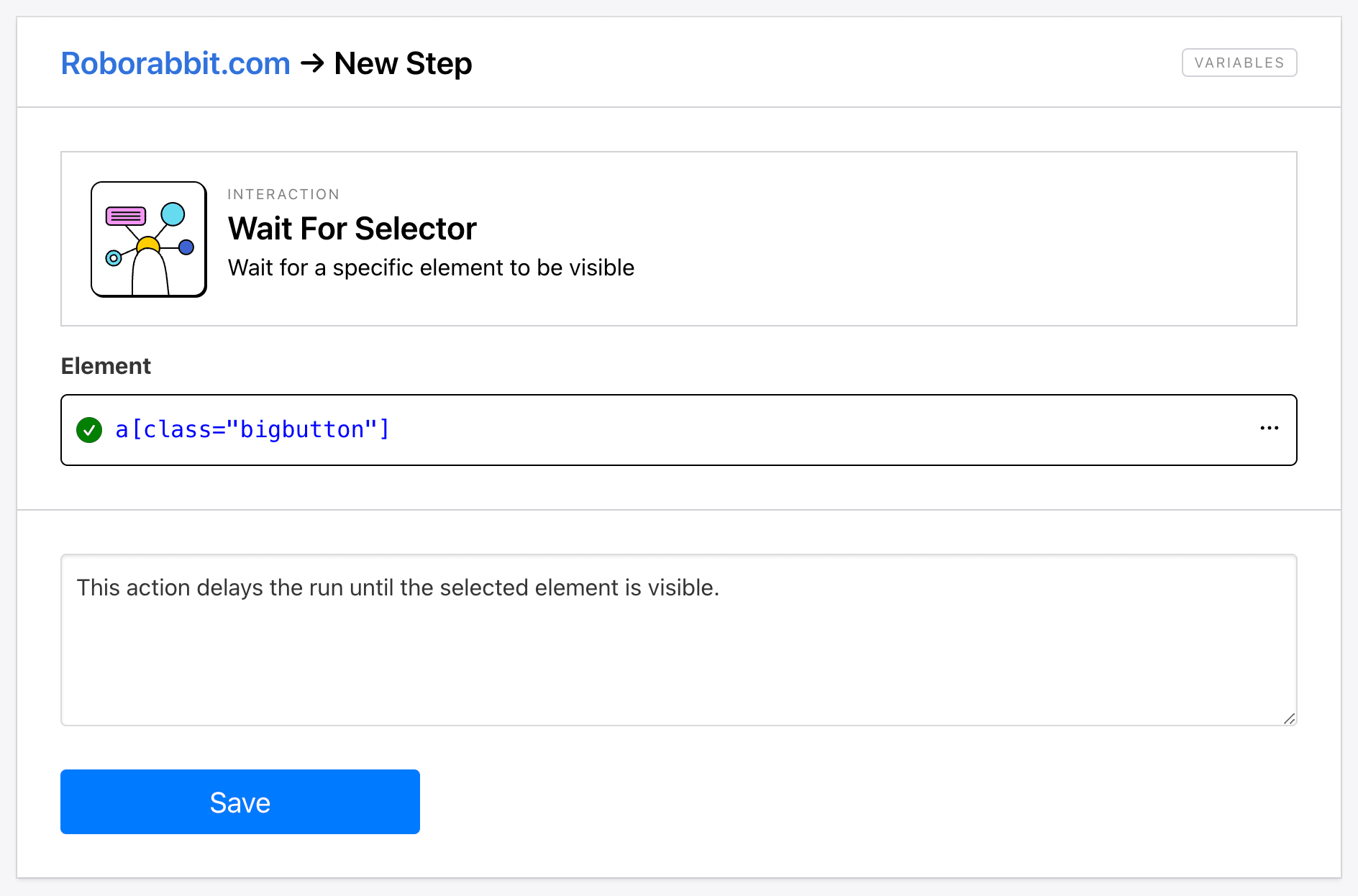 Screenshot of Roborabbit wait for selector step