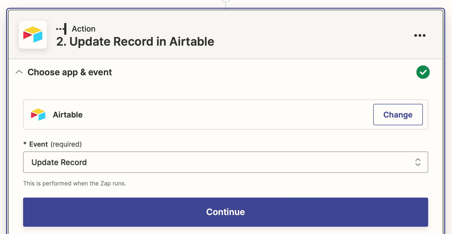 Screenshot of Zapier Airtable update record action