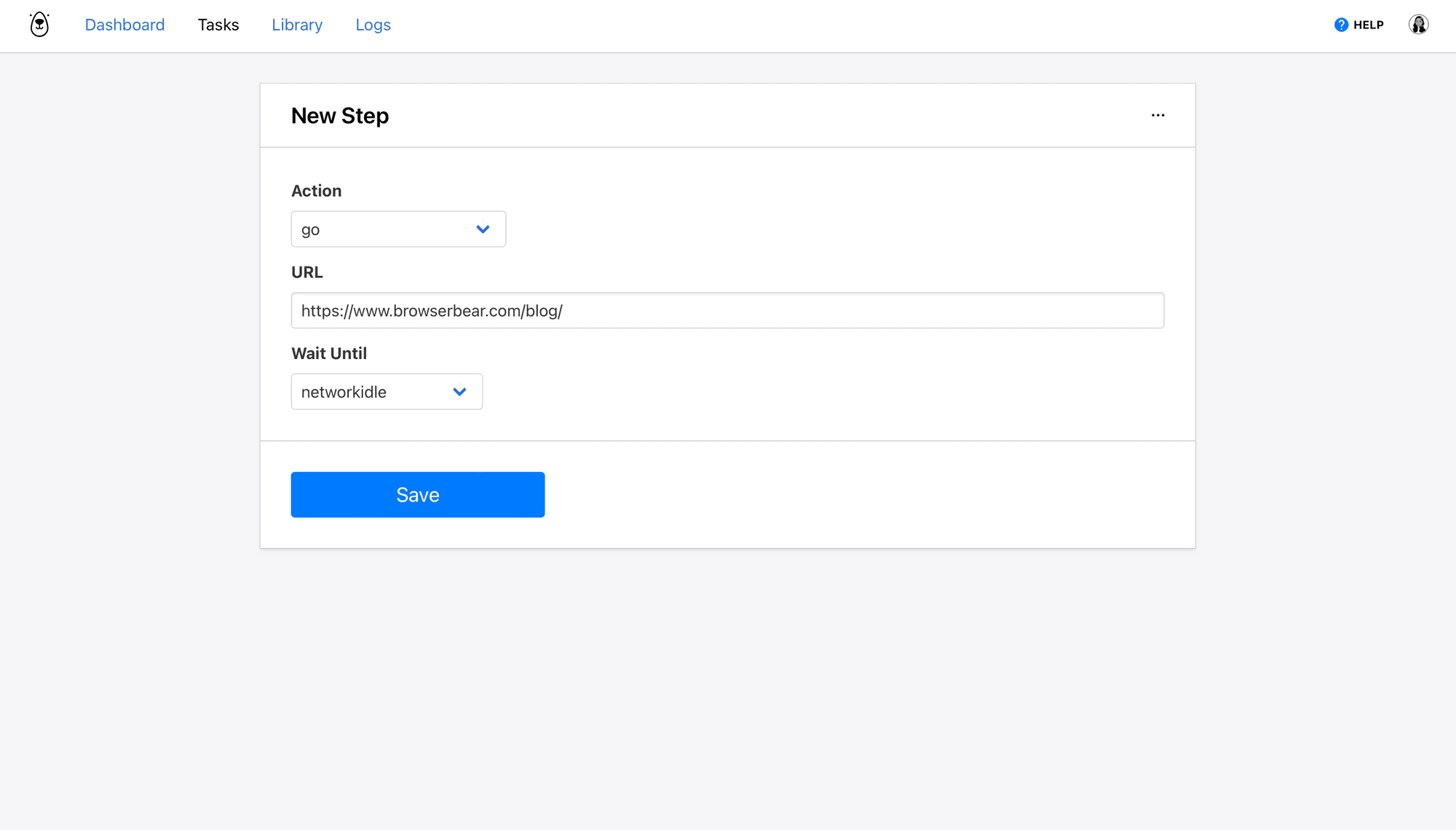 Screenshot of Browserbear go action setup