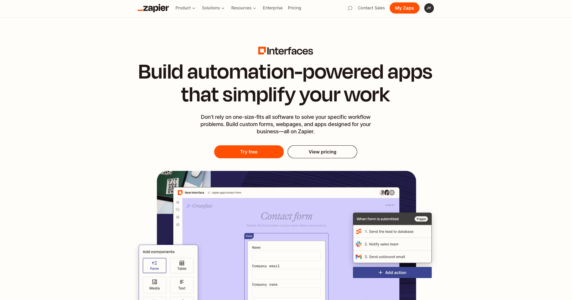 Screenshot of Zapier Interfaces landing page