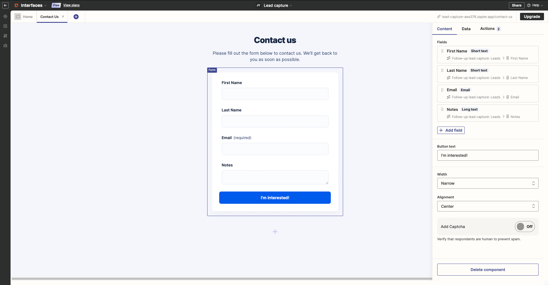 Screenshot of Zapier Interface lead management example