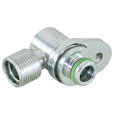 FITTING, COMPRESSOR, DENSO, #8 MIOR, R134A PAD, DISCHARGE, 15.33MM OD, 90 DEG SWIVEL