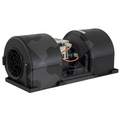 EVAPORATOR BLOWER ASSEMBLY, DUAL, SPAL, 12V, 4-SPD, CASE WD, NEW HOLLAND FX, FH WINDROWER, PLASTIC CASE, RESISTOR