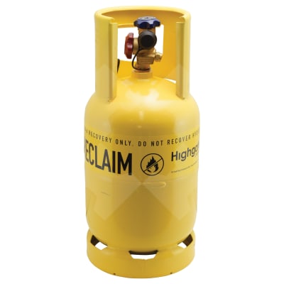 REFRIGERANT CYLINDER, 12KG, RECOVERY, TWIN TAP, SINGLE OUTLET, PICK-UP TUBE RECON, LEMON YELLOW