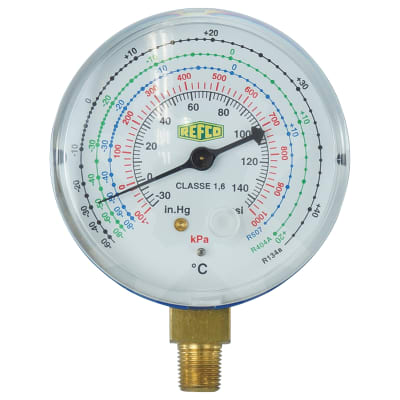 LOW PRESSURE GAUGE, REFCO, R134A KPA/PSI, BOURDON, STEEL CASE, BLUE