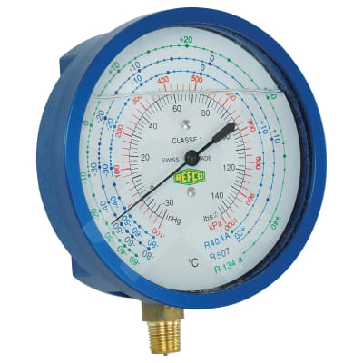 LOW PRESSURE GAUGE, REFCO, R134A KPA/PSI, LIQUID FILLED, BLUE