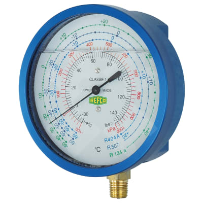 LOW PRESSURE GAUGE, REFCO, R134A KPA/PSI, LIQUID FILLED, BLUE
