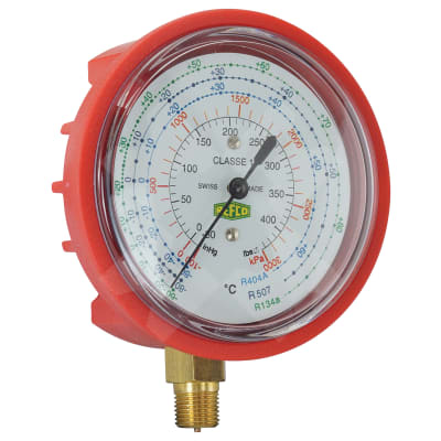 HIGH PRESSURE GAUGE, REFCO, R134A KPA/PSI, BELLOWS, PLASTIC CASE, RED