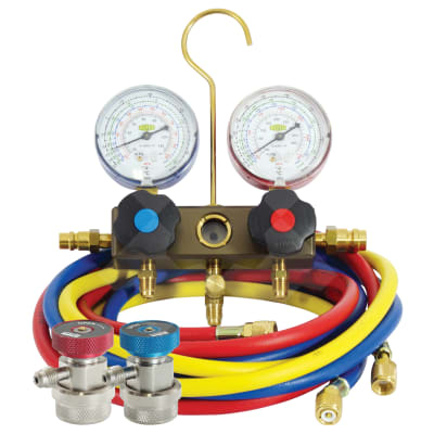 MANIFOLD GAUGE SET, REFCO, 1830MM (72 INCH) CHARGING HOSES, FRONT WHEEL, 2-WAY, MULTI-REFRIGERANT, INCLUDES ACCESS ADAPTERS