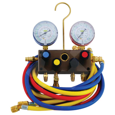 MANIFOLD GAUGE SET, REFCO, 1830MM (72 INCH) CHARGING HOSES, FRONT WHEEL, 4-WAY, BOURDON GAUGES, WITH