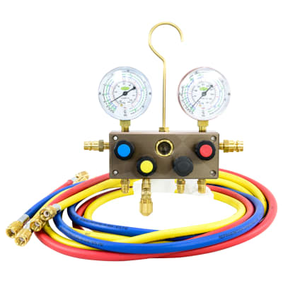 MANIFOLD GAUGE SET, REFCO, 1830MM (72 INCH) CHARGING HOSES, 4-WAY, BOURDON GAUGES, W/O COUPLERS