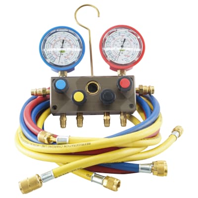 MANIFOLD GAUGE SET, REFCO, 1830MM (72 INCH) CHARGING HOSES, FRONT WHEEL, 4-WAY, MULTI-REFRIGERANT, B