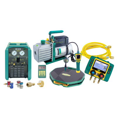 A/C STARTER KIT, REFCO, R134A & R1234YF RECOVERY UNIT, VAC PUMP, LEAK DETECTOR, SCALES, 2-WAY DIGITA