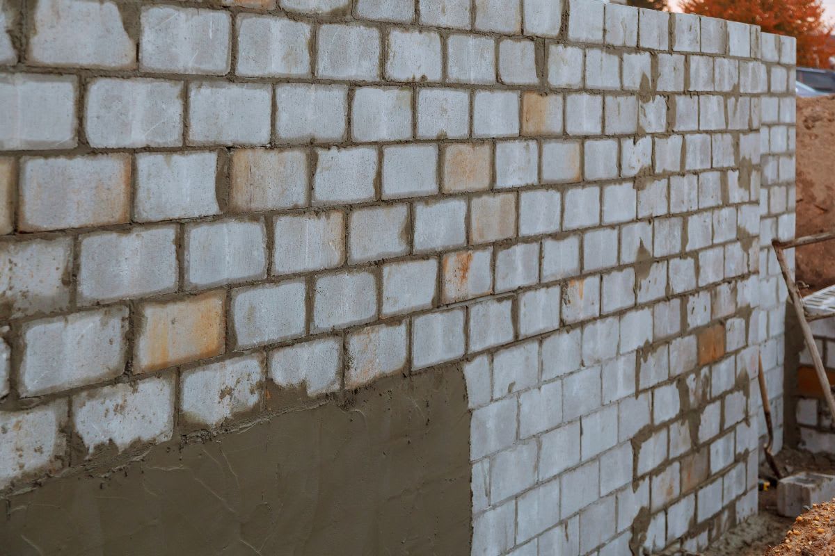 Teilweise verputzte Außenwand mit sichtbaren Abschnitten eines weißen Ziegelmauerwerks oben und frisch aufgetragenem grauem Putz unten.