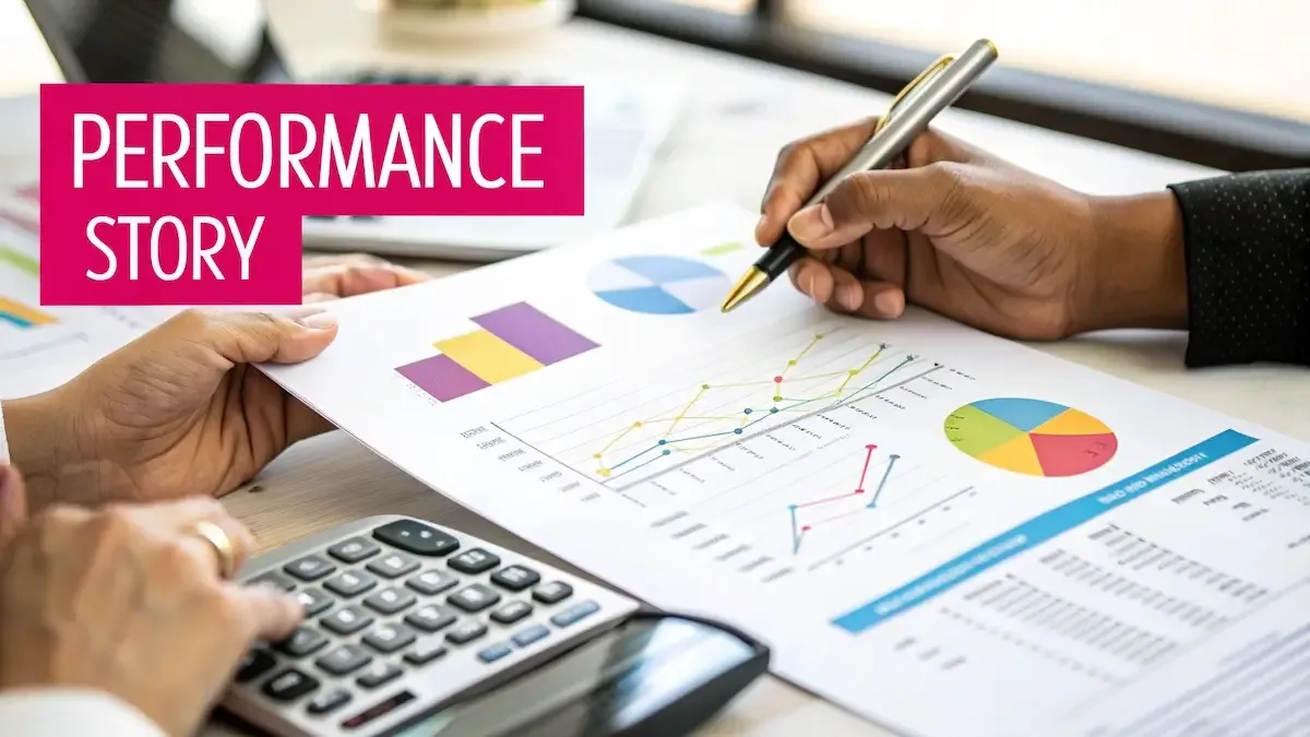 A magnifying glass hovering over a financial report, symbolizing the detailed analysis of mutual fund performance metrics.