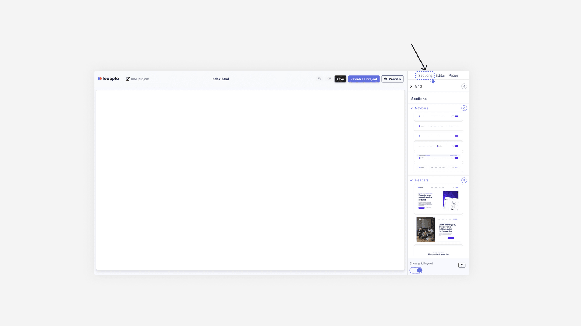 Loopple's editor with three sections on the right sidebar: sections, editor and pages