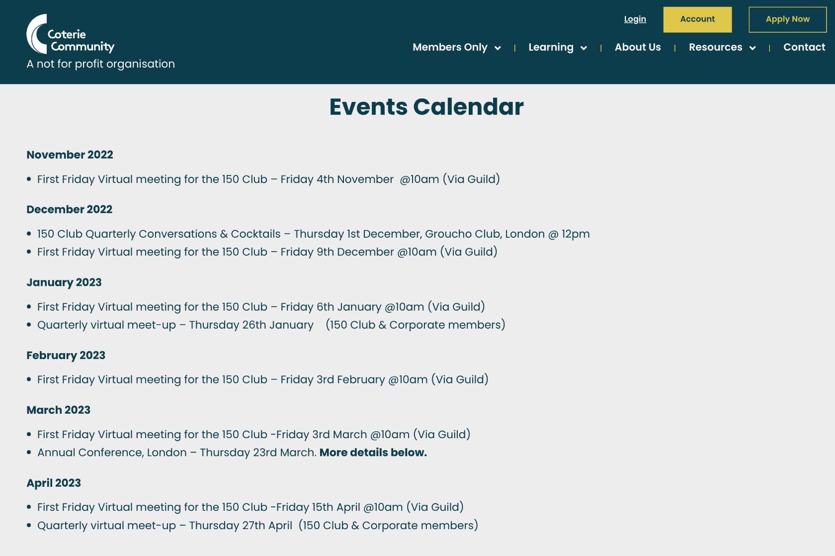 Coterie Community's events calendar mixes virtual events on Guild with in-person meetups