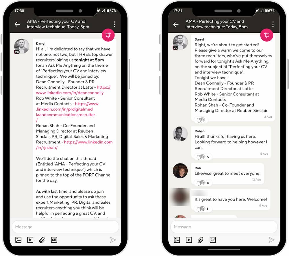 Two mobile phone screens showing conversations on Guild as part of an Ask Me Anything event