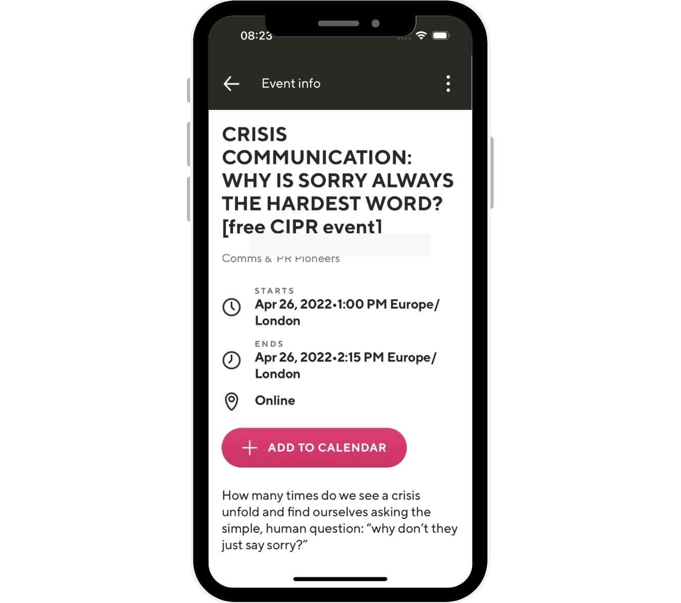 A mobile phone showing an event listing for the CIPR on the Guild community platform